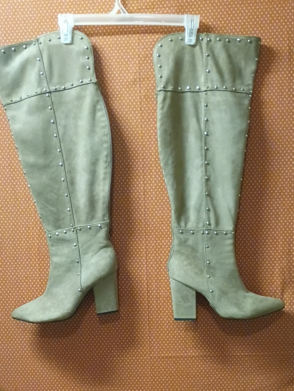 Studded Knee-High Block Heel Boots, Tan